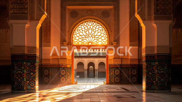 دخول ضوء الشمس الدافئ إلى ساحة المسجد، الديكورات الهندسية الداخلية للمساجد على الطراز الإسلامي, المعالم والأماكن الدينيه الإسلاميه في المملكه العربيه السعوديه, العباده والتقرب إلى الله, الفن الهندسي المعماري لدور العبادة