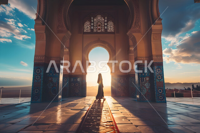 الديكورات والتصاميم الهندسية الداخلية للمساجد على الطراز الإسلامي, المعالم والأماكن الدينيه الإسلاميه في المملكه العربيه السعوديه, صورة من الخلف لفتاة عربية خليجية سعودية محجبة تقف في ساحة المسجد الخارجية عند الغروب, الفن الهندسي المعماري لدور العبادة