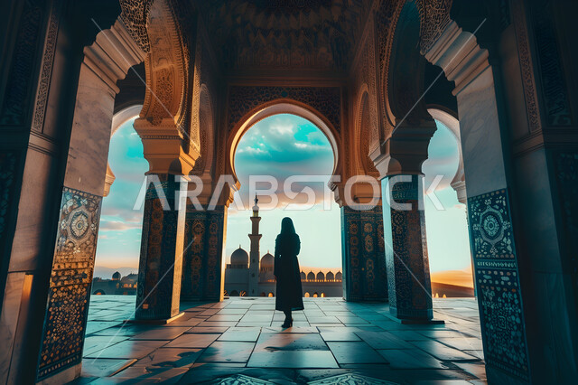  التصاميم والديكورات الهندسية الداخلية للمساجد على الطراز الإسلامي, الفن الهندسي المعماري لدور العبادة, المعالم الأماكن الدينيه الإسلاميه في المملكه العربيه السعوديه, صورة من الخلف لفتاة عربية خليجية سعودية محجبة تقف في ساحة المسجد الخارجية عند الغروب