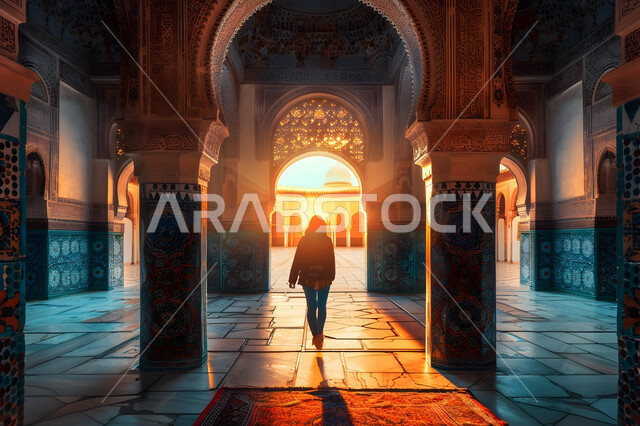  المعالم والأماكن الدينيه الإسلاميه في المملكه العربيه السعوديه, الديكورات والتصاميم الهندسية الداخلية للمساجد على الطراز الإسلامي,صورة من الخلف لفتاة عربية خليجية سعودية محجبة تقف في ساحة المسجد الخارجية عند الغروب, الفن الهندسي المعماري لدور العبادة