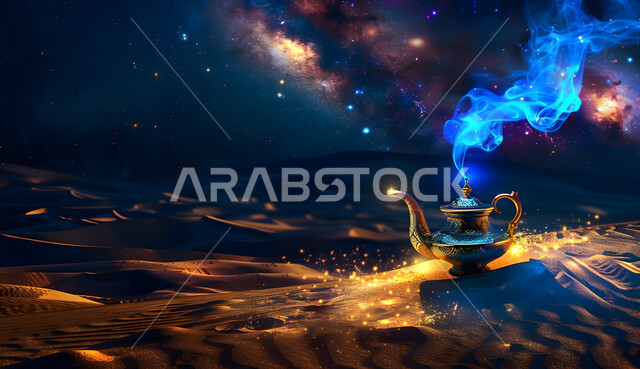  منظر السماء بالنجوم اللامعة ومجرة درب التبانة، إضاءة فانوس معدني مزخرف وسط الرمال الذهبية، الكثبان الرملية والبيئة الصحراوية في المناطق البرية للمملكة العربية السعودية