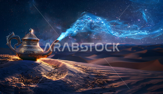 الكثبان الرملية والبيئة الصحراوية في المناطق البرية للمملكة العربية السعودية, فانوس معدني مزخرف مضيء وسط الرمال الذهبية، خلفية السماء بالنجوم اللامعة ومجرة درب التبانة