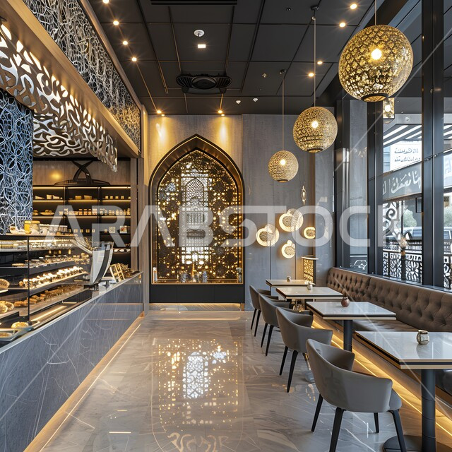الديكورات والتصاميم الداخلية للكافيهات والمطاعم، صالة مطعم ومقهى بديكورات جذابة، أثاث داخلي راقي لمطعم على الطراز الحديث في المملكة العربية السعودية، الزخرفات والنقوش المضيئة باللون الذهبي