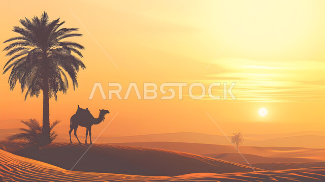   منظر السماء وقت الغروب، ناقة عربية  أصيلة في الصحاري الخليجية, صورة ظلية لجمل يقف على الرمال الذهبية اللامعة, تربية الجمال في محمية طبيعية بالمناطق الصحراوية،الاهتمام بحيوان الابل في المملكة العربية السعودية