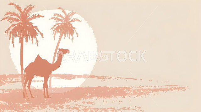 A purebred Arabian camel in the Gulf deserts, a silhouette of a camel standing on the shiny golden sand, raising camels in a natural reserve in desert areas, caring for camels in the Kingdom of Saudi Arabia