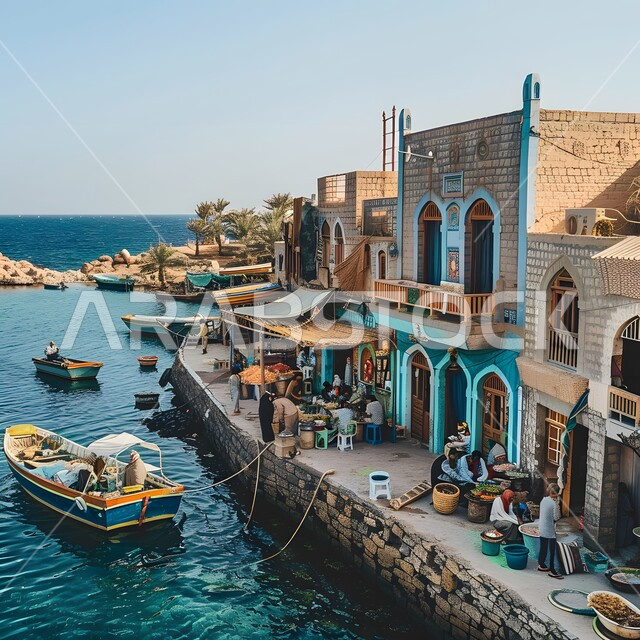 Popular markets for selling fresh fish next to the port, professional fishing in the Kingdom of Saudi Arabia, an oil painting of the fish market, a group of people walking in the middle of the carpet to buy seafood