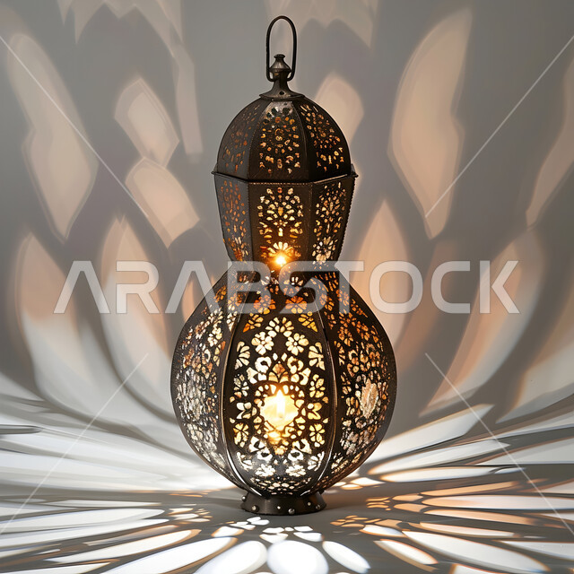A traditional Arabic metal luminous decorative lantern, traditional Islamic antiques, lights and decorations, lighting and decorations for the blessed Ramadan, celebrating the coming of the month of goodness and blessings, a spiritual and religious Ramadan atmosphere.