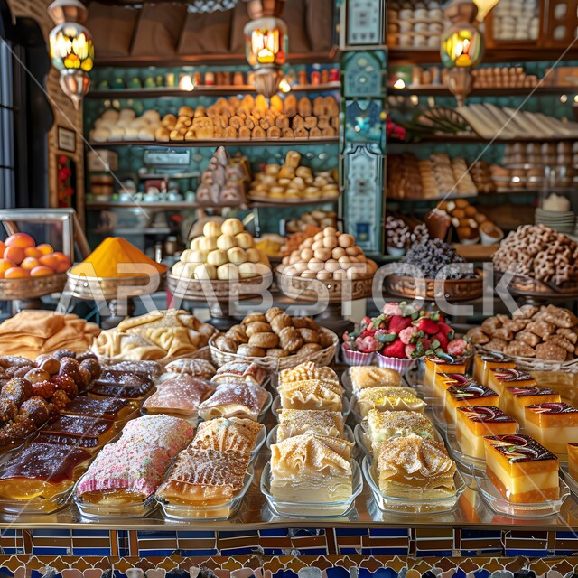 تقديم الحلا في المناسبات والأعياد الاسلامية, وصفات طعام لذيذة، فن اعداد و عرض المنتجات ,المأكولات العربية الشعبية, الحلويات العربية التقليدية في إحدى المتاجر