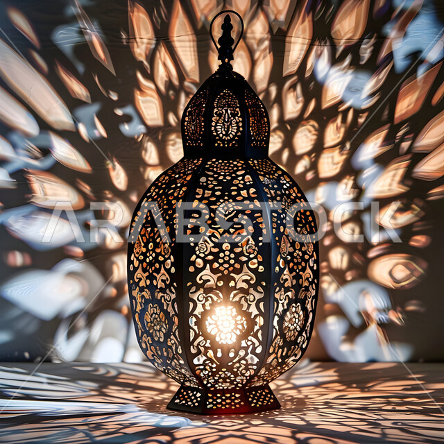  إضاءة وزينة رمضان المبارك، الإحتفال بقدوم شهر الخير والبركة، التحف والأنوار والديكورات الاسلامية التقليدية، فانوس عربي تقليدي معدني مزخرف مضيء، أجواء رمضانية روحانية دينية