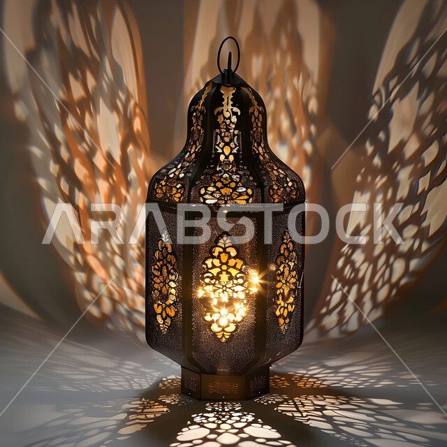  التحف والأنوار والديكورات الاسلامية التقليدية، فانوس عربي تقليدي معدني مزخرف مضيء،إضاءة وزينة رمضان المبارك، الإحتفال بقدوم شهر الخير والبركة، أجواء رمضانية روحانية دينية