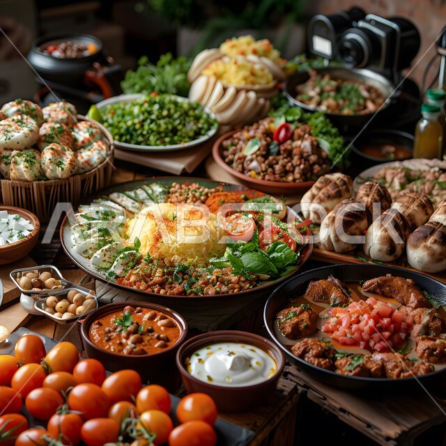 مائدة طعام مليئة بالوجبات المتنوعة الرمضانية، سفرة من المأكولات الشعبية التقليدية الشهية، أجواء شهر رمضان المبارك، العزائم والولائم في الأعياد والمناسبات الإسلامية، المقبلات والأطباق والأصناف العربية الشرقية اللذيذة