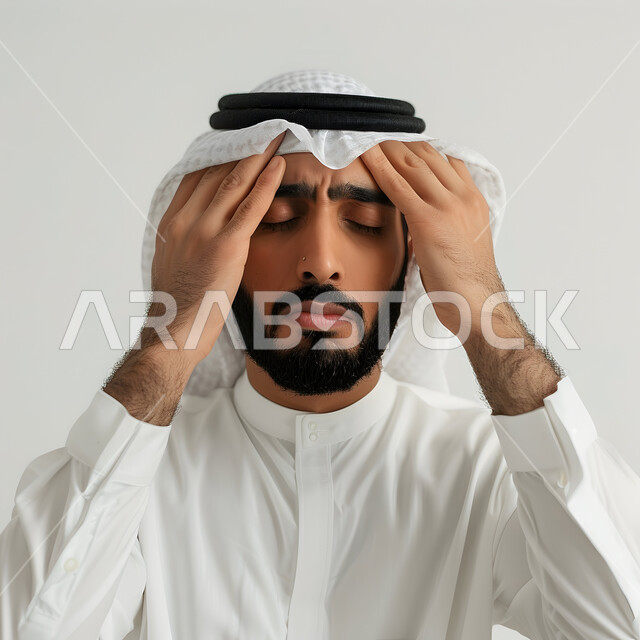  ضرورة زيارة الطبيب والقيام بالفحوصات الطبية, الإحساس بالتعب والإرهاق, بورتريه لرجل عربي سعودي خليجي يرتدي الزي التقليدي والغترة يمسك رأسه بيديه ويشعر بالاضطراب, إغماض العينين بإيماءات الانزعاج والألم الشديد, خلفية رمادية