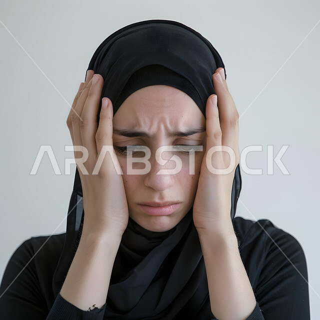 الحاجة إلى الراحة, ضرورة زيارة الطبيب والقيام بالفحوصات الطبية, الإحساس بالتعب والإرهاق, بورتريه لامرأة عربية سعودية خليجية محجبة تمسك رأسها بيديها وتشعر بالاضطراب الألم الشديد, خلفية رمادية