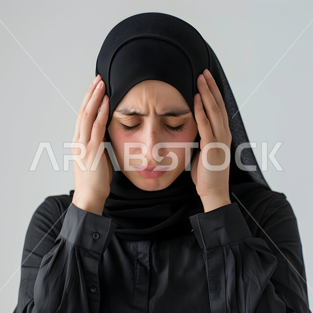 إغماض العينين بإيماءات الانزعاج والألم الشديد, ضرورة زيارة الطبيب والقيام بالفحوصات الطبية, الإحساس بالتعب والإرهاق, بورتريه لامرأة عربية سعودية خليجية محجبة تمسك رأسها بيديها وتشعر بالاضطراب, خلفية رمادية