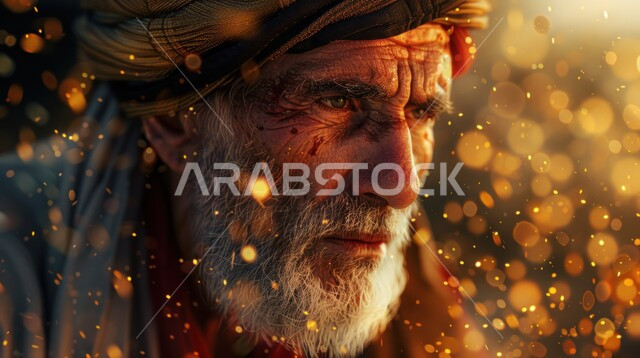 مفهوم الرجولة والقوة والثقة بالنفس، صورة مقربة لرجل كبير السن عربي خليجي سعودي يرتدي الشماغ والثوب التقليدي ينظر الى الكاميرا بإيماءات الجدية والحزم، الاهتمام بالأناقة والمظهر الخارجي