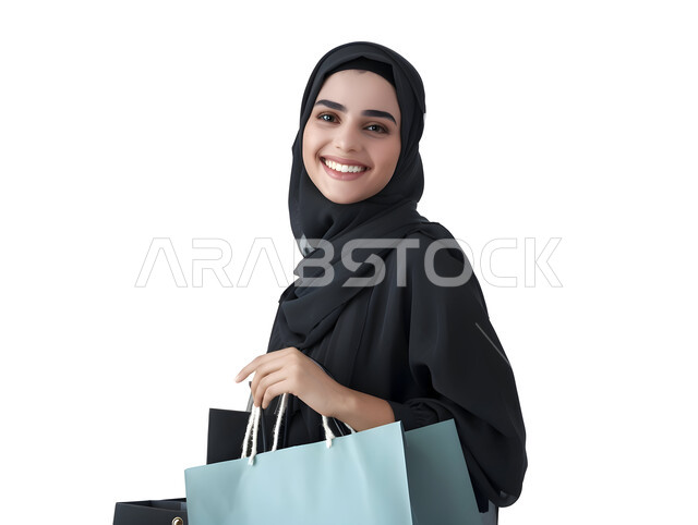 ايماءات السرور بعد التسوق والشراء وتأثيره الإيجابي على المرأة، عروض وتخفيضات موسمية في الأسواق السعودية, سيدة عربية سعودية خليجية محجبة مبتسمة تحمل بيدها أكياس التسوق الملونه, اقتناء بعض المستلزمات والهدايا، متعة التجول في أسواق ومولات المملكة, خلفية بيضاء