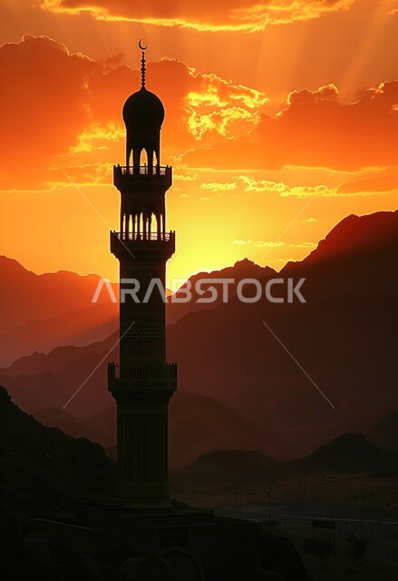 العبادة والتقرب إلى الله تعالى, نداء المسلمين لأداء الفرائض والصلوات, صورة ظلية لقبب ومآذن المساجد الاسلامية وقت غروب الشمس, الأجواء الروحانية المتميزة, الفن الهندسي المعماري على الطراز العربي الاسلامي القديم, سالويت