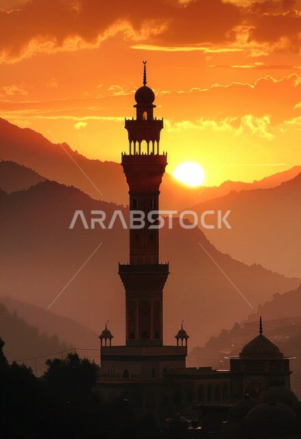 الفن الهندسي المعماري على الطراز العربي الاسلامي القديم, العبادة والتقرب إلى الله تعالى, نداء المسلمين لأداء الفرائض والصلوات, صورة ظلية لقبب ومآذن المساجد الاسلامية وقت غروب الشمس, الأجواء الروحانية المتميزة, سالويت