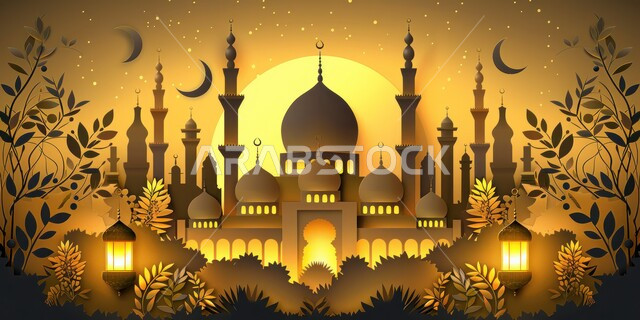 ديكورات وتصاميم متميزة على الطراز الاسلامي للقبب والمآذن المضيئة ليلا، الفن الهندسي المعماري للمساجد، مسجد عربي فاخر، العبادة والتقرب إلى الله، آداء الفرائض والصلوات، خلفيات دينية رمضانية