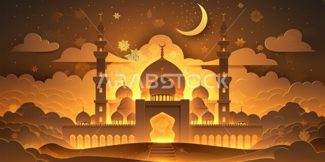 ديكورات وتصاميم متميزة على الطراز الاسلامي للقبب والمآذن المضيئة ليلا، الفن الهندسي المعماري للمساجد، مسجد عربي فاخر، العبادة والتقرب إلى الله، آداء الفرائض والصلوات، خلفيات دينية رمضانية