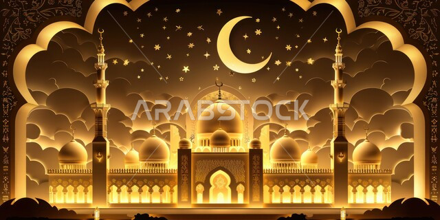 Distinctive decorations and designs in the Islamic style for domes and minarets illuminated at night, architectural engineering art of mosques, luxurious Arabic mosque, worship and closeness to God, performing duties and prayers, Ramadan religious backgrounds