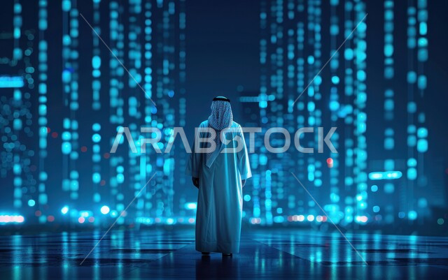 لغات برمجية عالمية، التطور الرقمي والتكنولوجي، استخدام الأكواد والخوارزميات المتطورة، شاب عربي سعودي خليجي يرتدي الثوب التقليدي، رؤية مستقبلية سعودية ٢٠٣٠، خلفية هيولوجرامية ثلاثية الأبعاد للأرقام المضيئة