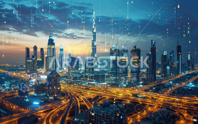التقدم والتوسع العمراني في دولة الإمارات العربية المتحدة، الفن الهندسي المعماري للمباني والمنشآت السكنية والتجارية المضاءة ليلا، منظر تخيلي مستقبلي للأبراج وناطحات السحاب في مدينة دبي، حركة مرور السيارات في الشوارع والطرقات، رؤية مستقبلية 2030