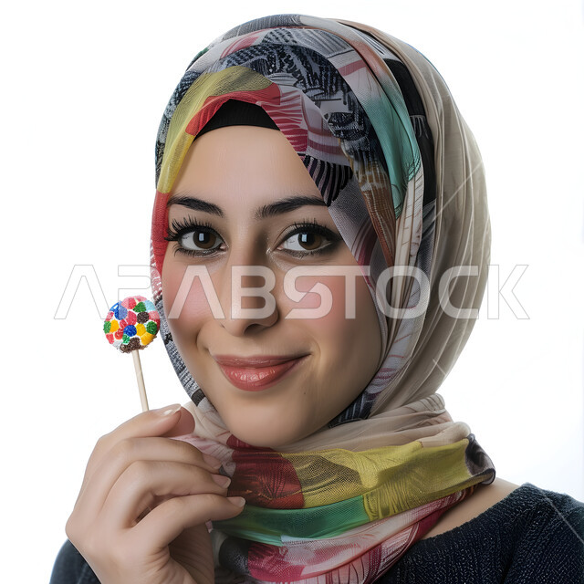 The concept of elegance and elegance, femininity and concern for external appearance, portrait of a veiled Saudi Arabian Gulf woman wearing a casual outfit and holding a piece of colored candy in her hand, looking at the camera with gestures of joy and pleasure, white background
