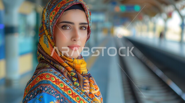 الاهتمام بالأناقة والمظهر الخارجي، مفهوم الأنوثة والنعومة، صورة مقربة لامرأة عربية خليجية سعودية محجبة تنظر الى الكاميرا بإيماءات الثقة بالنفس و السرور، حجابات نسائية عصريه حديثه