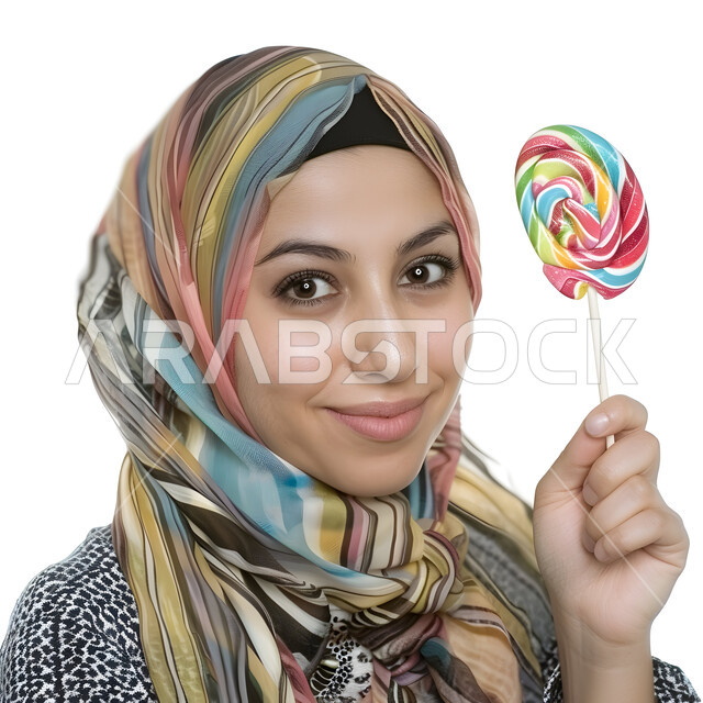  الاهتمام بالمظهر الخارجي والأنوثة, مفهوم الشياكة والأناقة, بورتريه لامرأة عربية خليجية سعودية محجبة ترتدي الزي الكاجوال وتمسك بيدها قطعة حلوى ملونة, النظر للكاميرا بإيماءات الفرح والسرور, خلفية بيضاء