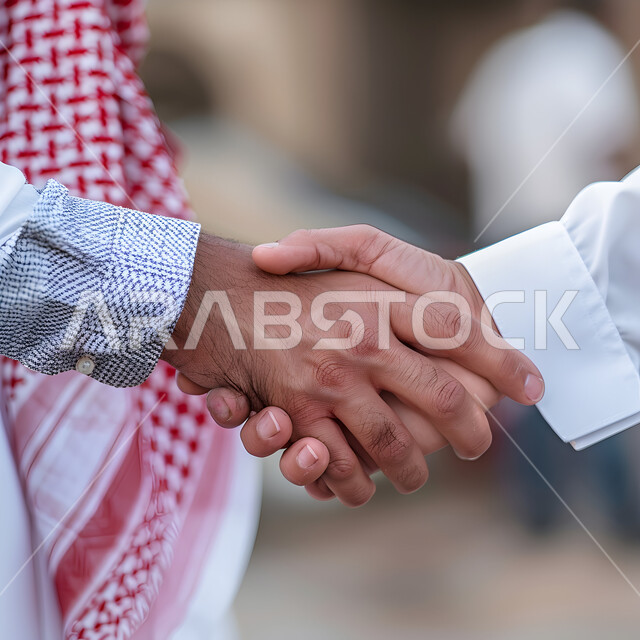  عقد اتفاقات العمل في المملكة، مفهوم الصفح والتسامح, إلقاء السلام والتحية,صورة مقربة ليدي رجلين عربيين خليجيين سعوديين يتصافحان سوياً, بناء العلاقات الاجتماعية المتينة في المجتمع السعودي