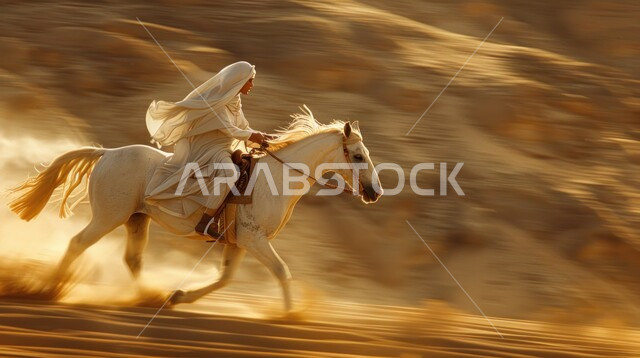  الاهتمام والشغف بركوب الجياد، الفروسية وهواية ركوب الأحصنة في الصحراء، صورة من الجانب لشابة عربية سعودية خليجية محجبة ترتدي العباءة تقوم بالتجول على ظهر جوادها العربي الأصيل في الصحراء، تعلق أبناء المملكة العربية السعودية بالخيول, أنشطة ترفيهية نسائية