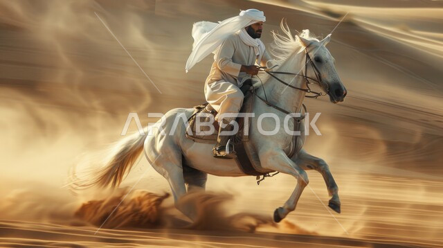 ممارسة هواية ركوب الأحصنة، فارس عربي خليجي سعودي يركب الفرس العربي الأصيل، توارث شغف الجياد من الأجداد، حب وعشق الخيل السعودي الأصيل، أنشطة وفعاليات ركوب الجياد، التجول على ظهر الحصان، الكثبان الرملية الناعمة في صحراء السعودية