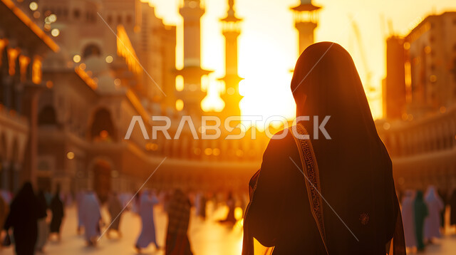Standing in the outer courtyard of the mosque and observing the sunset, the distinct spiritual atmosphere, the call to Muslims to perform the duties and prayers, a silhouette from behind of a veiled Gulf Arab woman watching the orange color of the sky, the architectural art in building mosques in the ancient Islamic style