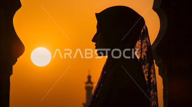  مراقبة منظر غروب الشمس ولون السماء البرتقالي, الأجواء الروحانية المتميزة, نداء المسلمين لأداء الفرائض والصلوات, صورة ظلية لامرأة عربية خليجية محجبة تقف بخلفية المآذن, الفن الهندسي المعماري في بناء المساجد على الطراز الاسلامي القديم