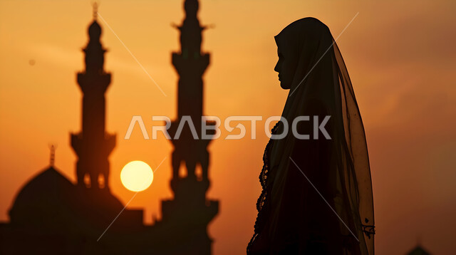  الأجواء الروحانية المتميزة, نداء المسلمين لأداء الفرائض والصلوات, صورة ظلية لامرأة عربية خليجية محجبة تقف بخلفية المآذن, مراقبة منظر غروب الشمس ولون السماء البرتقالي, الفن الهندسي المعماري في بناء المساجد على الطراز الاسلامي القديم