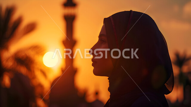 A call to Muslims to perform duties and prayers, a silhouette of a veiled Gulf Arab woman standing against the background of minarets, observing the view of the sunset and the orange color of the sky, the distinct spiritual atmosphere, the architectural art of building mosques in the ancient Islamic style
