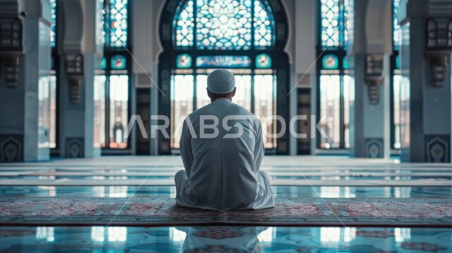  التوبة والرجوع الى الله، دخول أشعة الشمس الى الأماكن الاسلامية، الاجتهاد في العباده والطاعة في شهر رمضان المبارك، مفهوم الدعاء والتضرع والترجي، صورة من الخلف لرجل عربي خليجي سعودي يجلس داخل المسجد