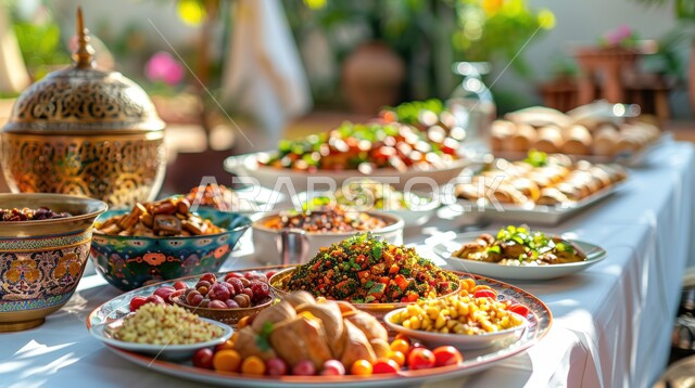 أصناف الأطباق والمقبلات العربية الشرقية اللذيذة، أجواء شهر رمضان المبارك، سفرة من المأكولات الشعبية التقليدية الشهية، المطاعم والمطابخ في المملكة العربية السعودية، طاولة طعام مليئة بالوجبات المتنوعة الرمضانية، العزائم والولائم في الأعياد والمناسبات