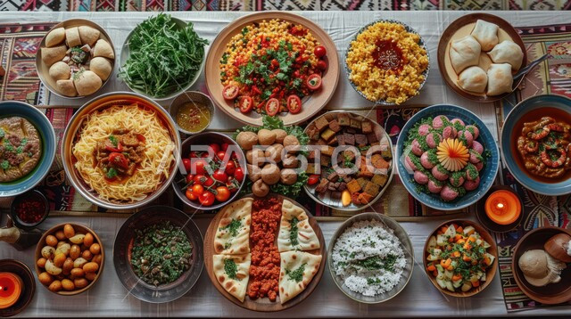 أصناف الأطباق والمقبلات العربية الشرقية اللذيذة، أجواء شهر رمضان المبارك، سفرة من المأكولات الشعبية التقليدية الشهية، المطاعم والمطابخ في المملكة العربية السعودية، طاولة طعام مليئة بالوجبات المتنوعة الرمضانية، العزائم والولائم في الأعياد والمناسبات