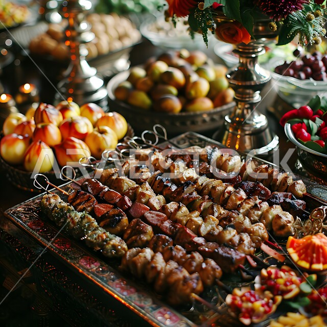 A dining table full of various Ramadan meals, a meal of delicious traditional popular food, the atmosphere of the blessed month of Ramadan, invitations and banquets on Islamic holidays and occasions, appetizers, dishes and delicious oriental Arabic dishes.