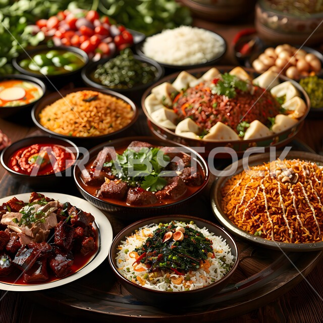 مائدة طعام مليئة بالوجبات المتنوعة الرمضانية، سفرة من المأكولات الشعبية التقليدية الشهية، أجواء شهر رمضان المبارك، العزائم والولائم في الأعياد والمناسبات الإسلامية، المقبلات والأطباق والأصناف العربية الشرقية اللذيذة