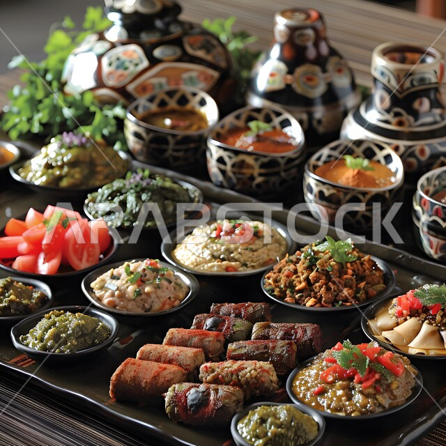 A dining table full of various Ramadan meals, a meal of delicious traditional popular food, the atmosphere of the blessed month of Ramadan, invitations and banquets on Islamic holidays and occasions, appetizers, dishes and delicious oriental Arabic dishes.