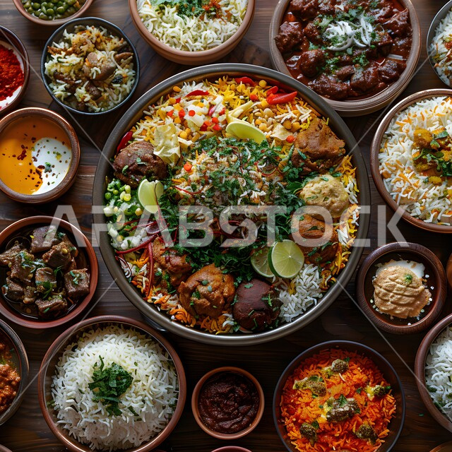 A dining table full of various Ramadan meals, a meal of delicious traditional popular food, the atmosphere of the blessed month of Ramadan, invitations and banquets on Islamic holidays and occasions, appetizers, dishes and delicious oriental Arabic dishes.