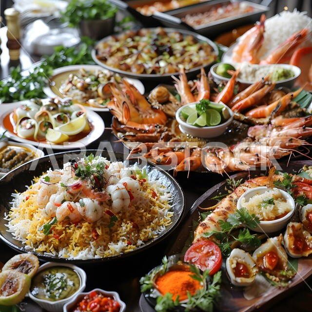 مائدة طعام مليئة بالوجبات المتنوعة الرمضانية، سفرة من المأكولات الشعبية التقليدية الشهية، أجواء شهر رمضان المبارك، العزائم والولائم في الأعياد والمناسبات الإسلامية، المقبلات والأطباق والأصناف العربية الشرقية اللذيذة