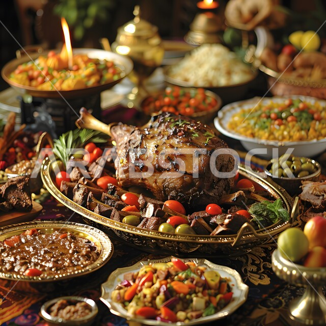 مائدة طعام مليئة بالوجبات المتنوعة الرمضانية، سفرة من المأكولات الشعبية التقليدية الشهية، أجواء شهر رمضان المبارك، العزائم والولائم في الأعياد والمناسبات الإسلامية، المقبلات والأطباق والأصناف العربية الشرقية اللذيذة