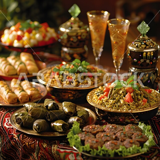 A dining table full of various Ramadan meals, a meal of delicious traditional popular food, the atmosphere of the blessed month of Ramadan, invitations and banquets on Islamic holidays and occasions, appetizers, dishes and delicious oriental Arabic dishes.