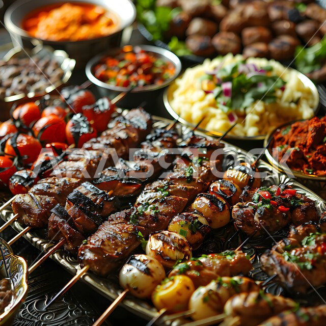 Delicious oriental Arabic appetizers, dishes and dishes, a dining table full of various Ramadan meals, a meal of delicious traditional popular food, the atmosphere of the holy month of Ramadan, invitations and banquets on Islamic holidays and occasions.