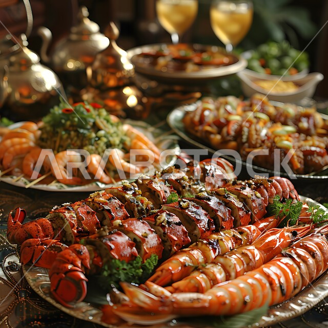 Delicious oriental Arabic appetizers, dishes and dishes, a dining table full of various Ramadan meals, a meal of delicious traditional popular food, the atmosphere of the holy month of Ramadan, invitations and banquets on Islamic holidays and occasions.