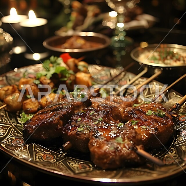 Delicious oriental Arabic appetizers, dishes and dishes, a dining table full of various Ramadan meals, a meal of delicious traditional popular food, the atmosphere of the holy month of Ramadan, invitations and banquets on Islamic holidays and occasions.